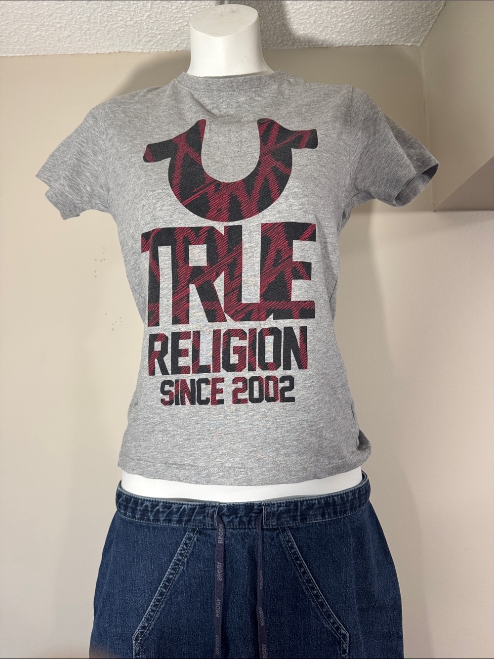 True Religion Gray Tee with Red and Black Logo